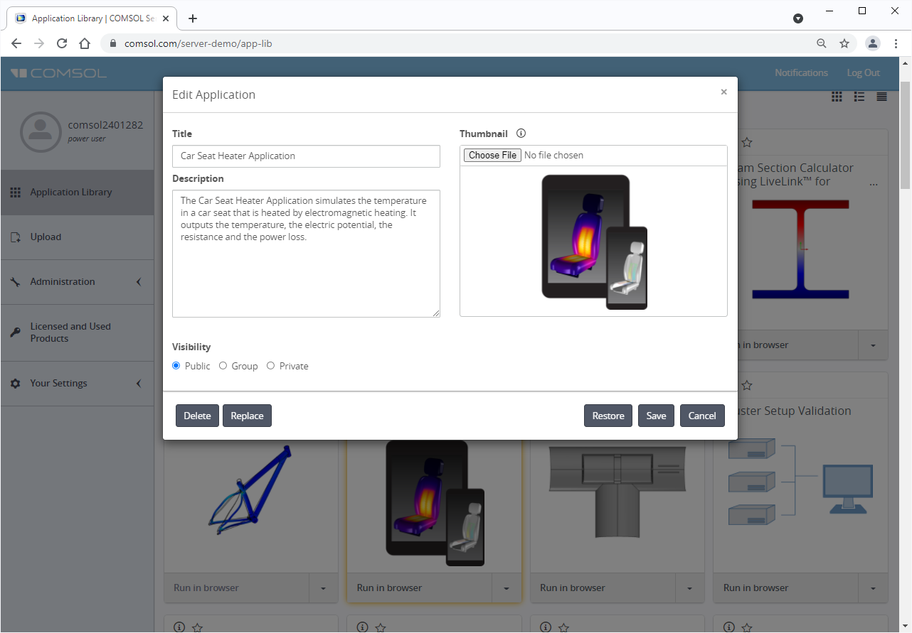 The Edit Application window open in COMSOL Server for an app of a car seat heater model showing the ability to change the title, description, and thumbnail.